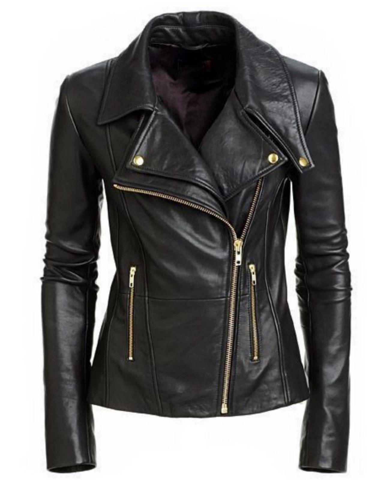 Women Real Lambskin Leather Biker Jacket KW483 featuring high-quality leather, YKK zipper, and satin lining, perfect for stylish motorcycle rides.