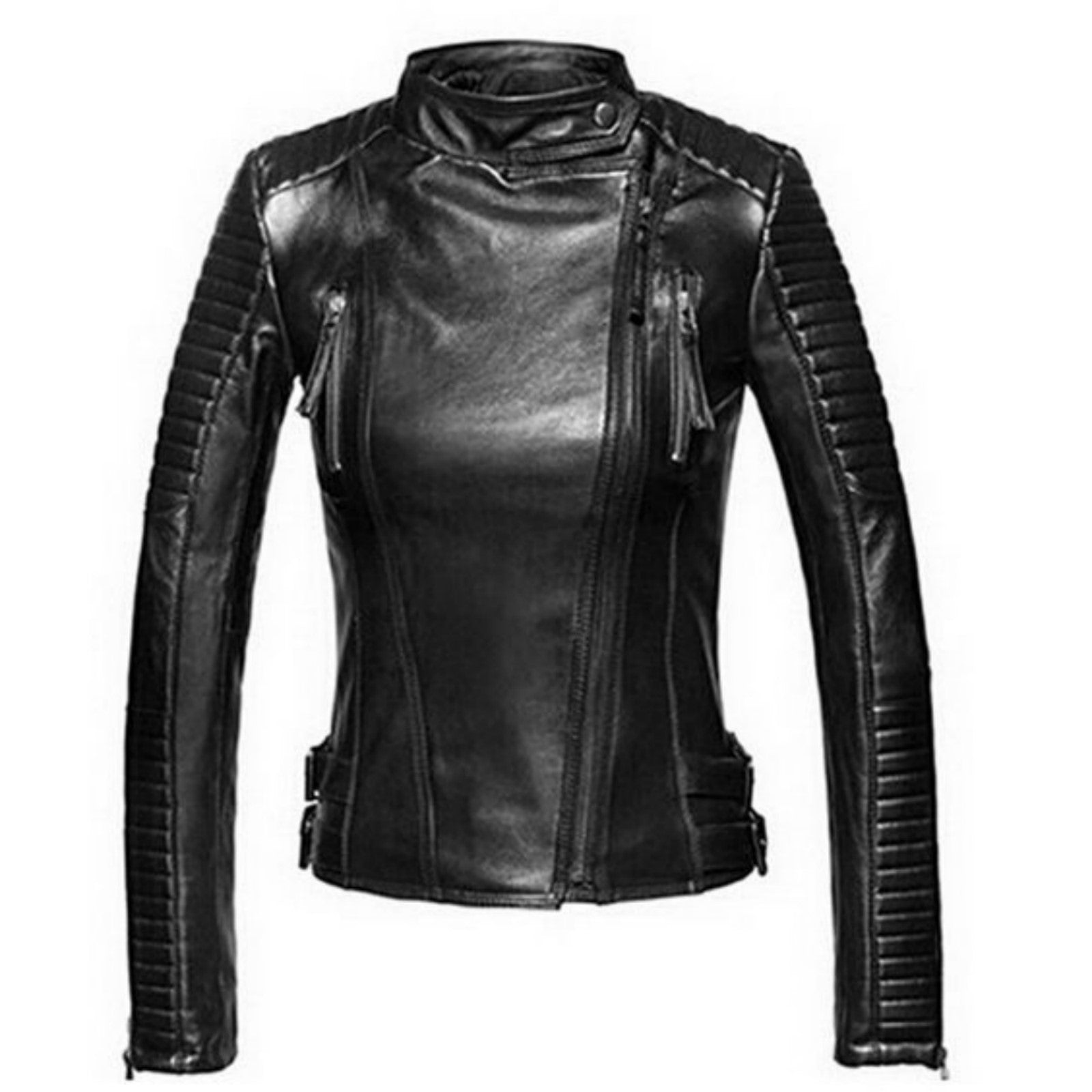 Women Real Lambskin Leather Biker Jacket KW489 featuring high-quality leather, satin lining, and stylish design with multiple pockets.