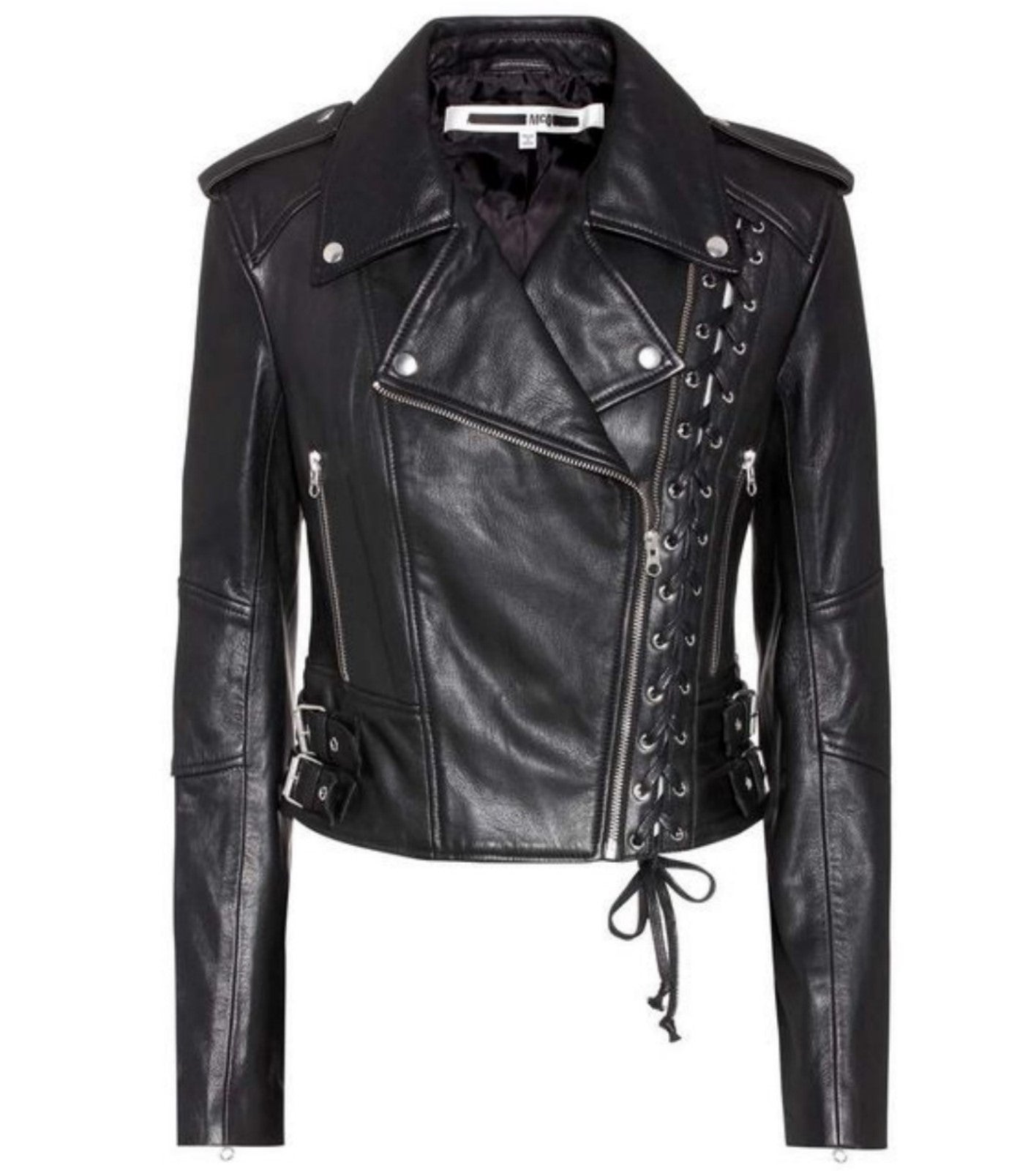 Women Real Lambskin Leather Biker Jacket KW503 featuring high-quality leather, satin lining, and stylish biker design with pockets.