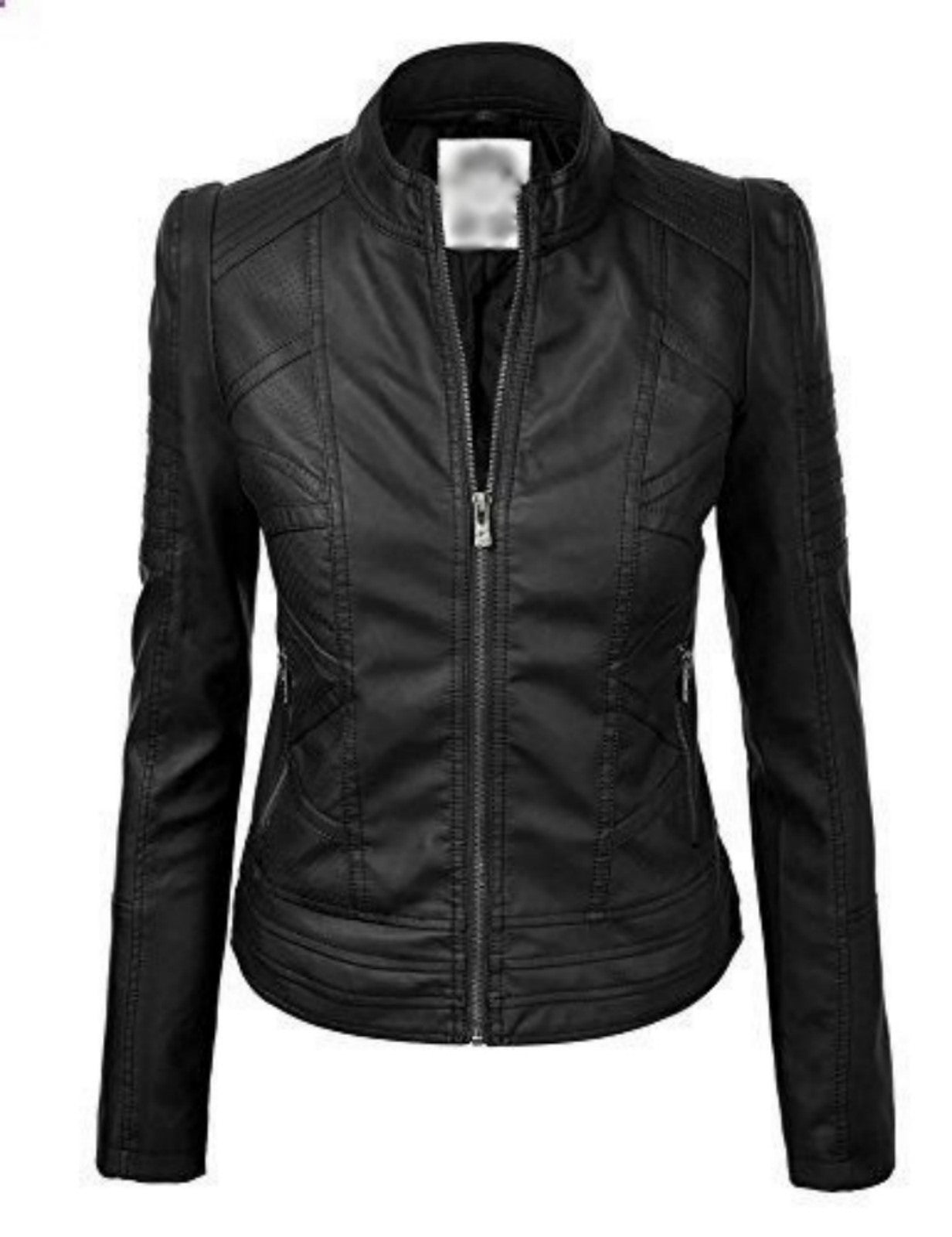 Women Real Lambskin Leather Biker Jacket KW508 featuring high-quality leather, satin lining, and stylish design with pockets.