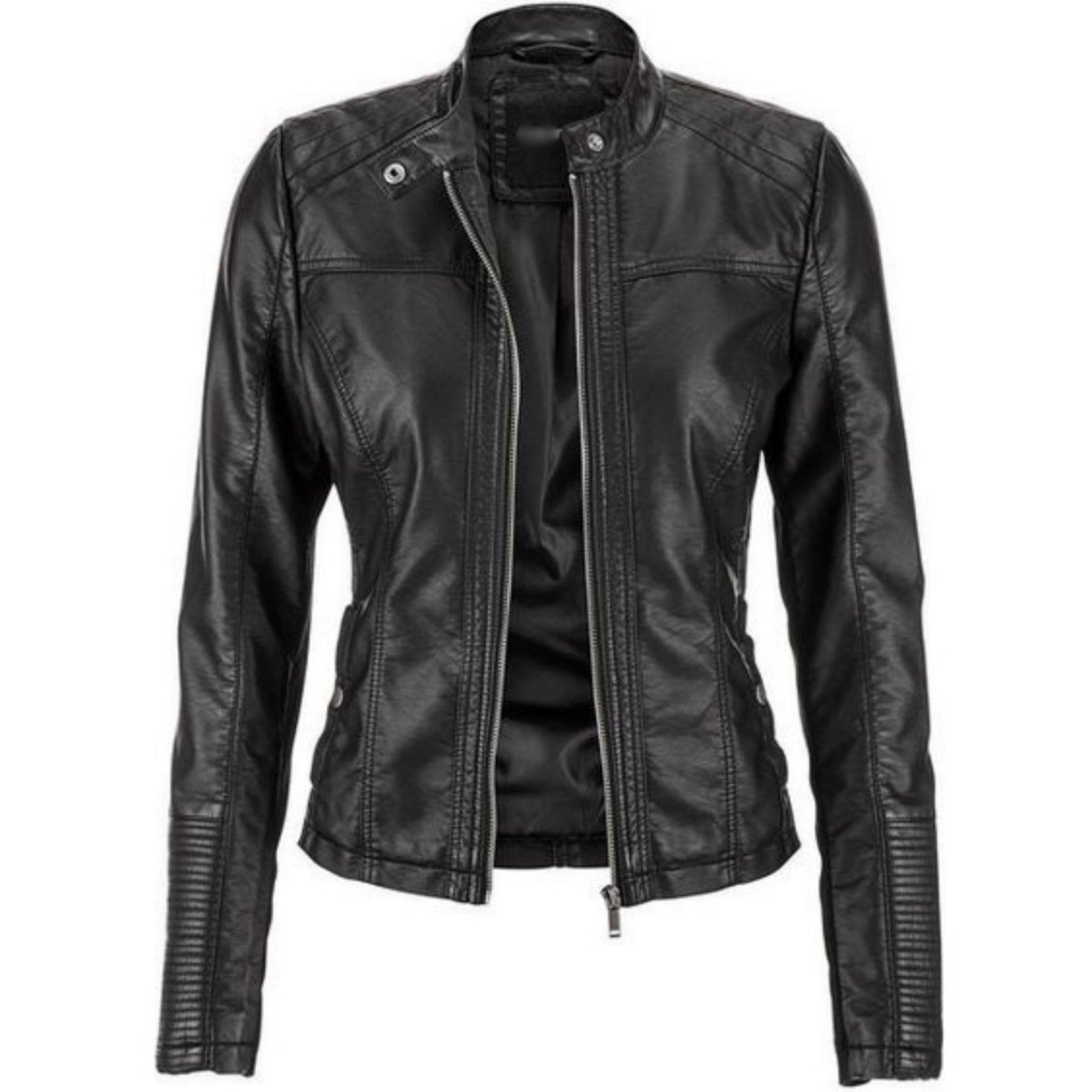 Women Real Lambskin Leather Biker Jacket KW511 featuring high-quality leather, satin lining, and stylish design with multiple pockets.