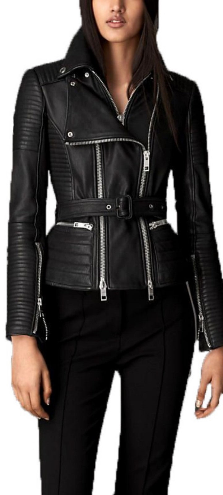 Women Real Lambskin Leather Biker Jacket KW516 featuring high-quality leather, satin lining, and stylish design with pockets.