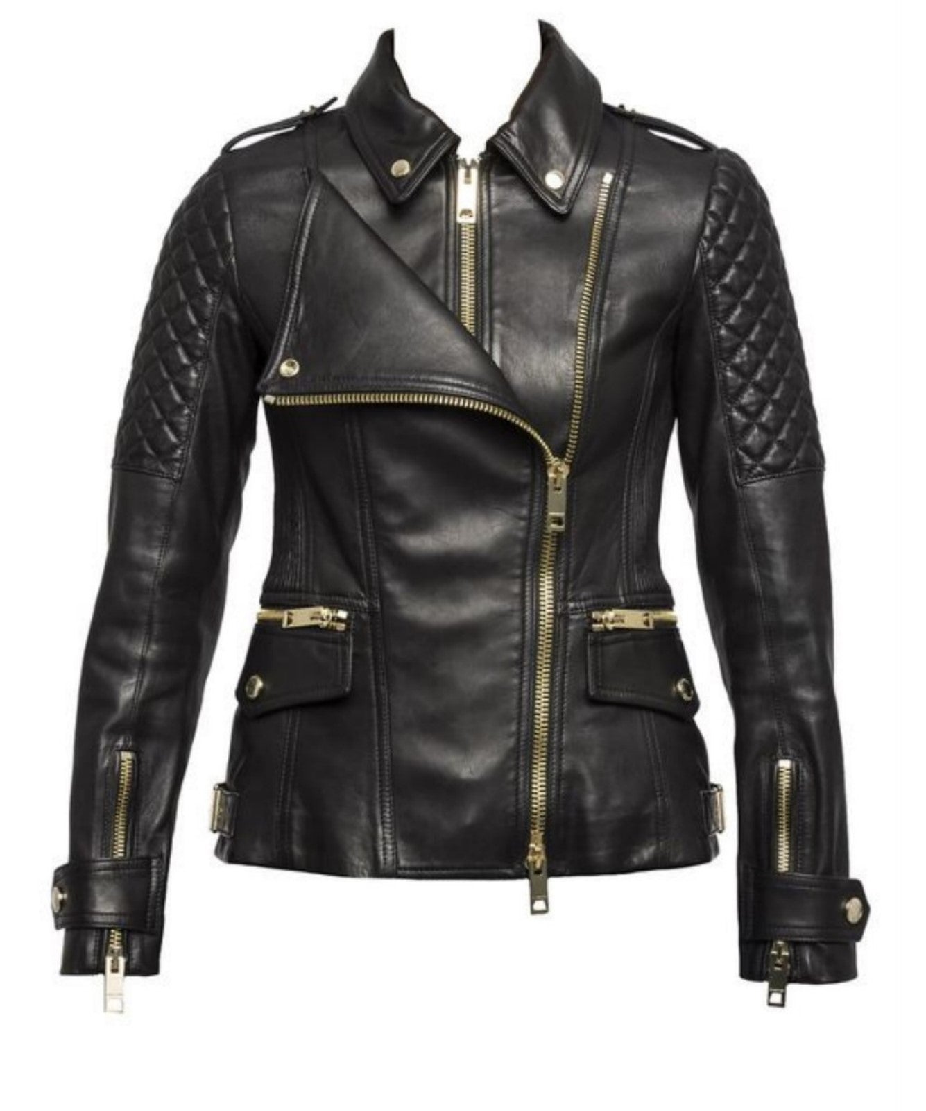 Women Real Lambskin Leather Biker Jacket KW517 featuring high-quality leather, satin lining, and stylish design with multiple pockets.