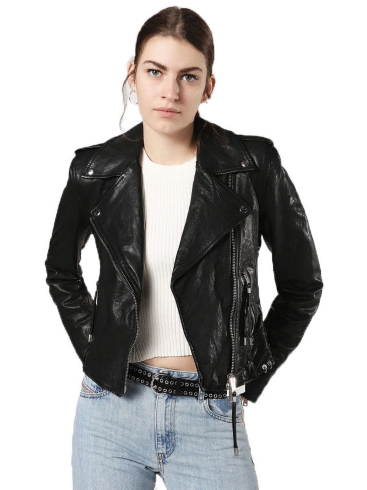 Women Real Lambskin Leather Biker Jacket KW523 with satin lining and YKK zipper, showcasing its stylish design and quality craftsmanship.