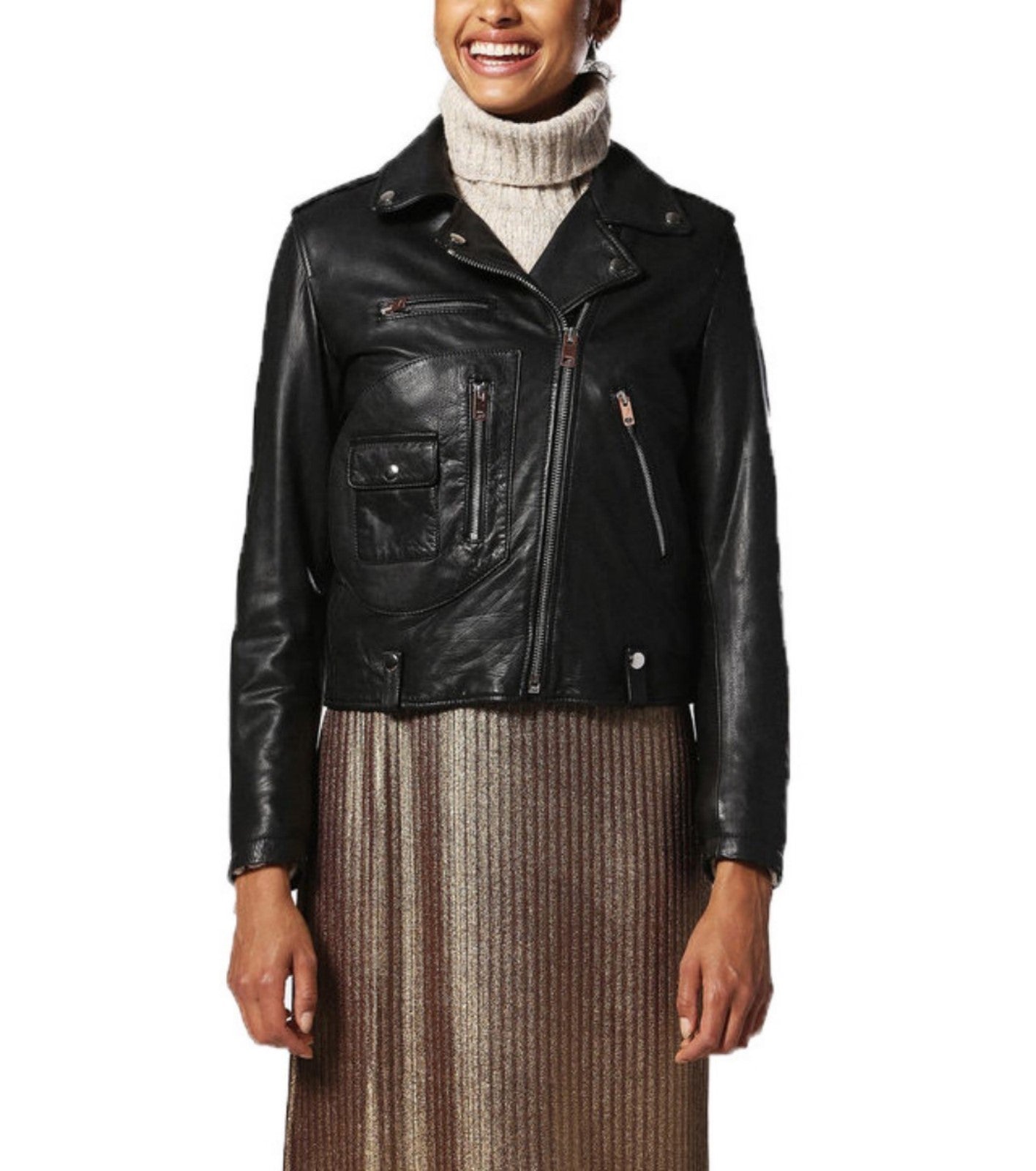 Women Real Lambskin Leather Biker Jacket KW525 featuring high-quality leather, satin lining, and stylish design with pockets.