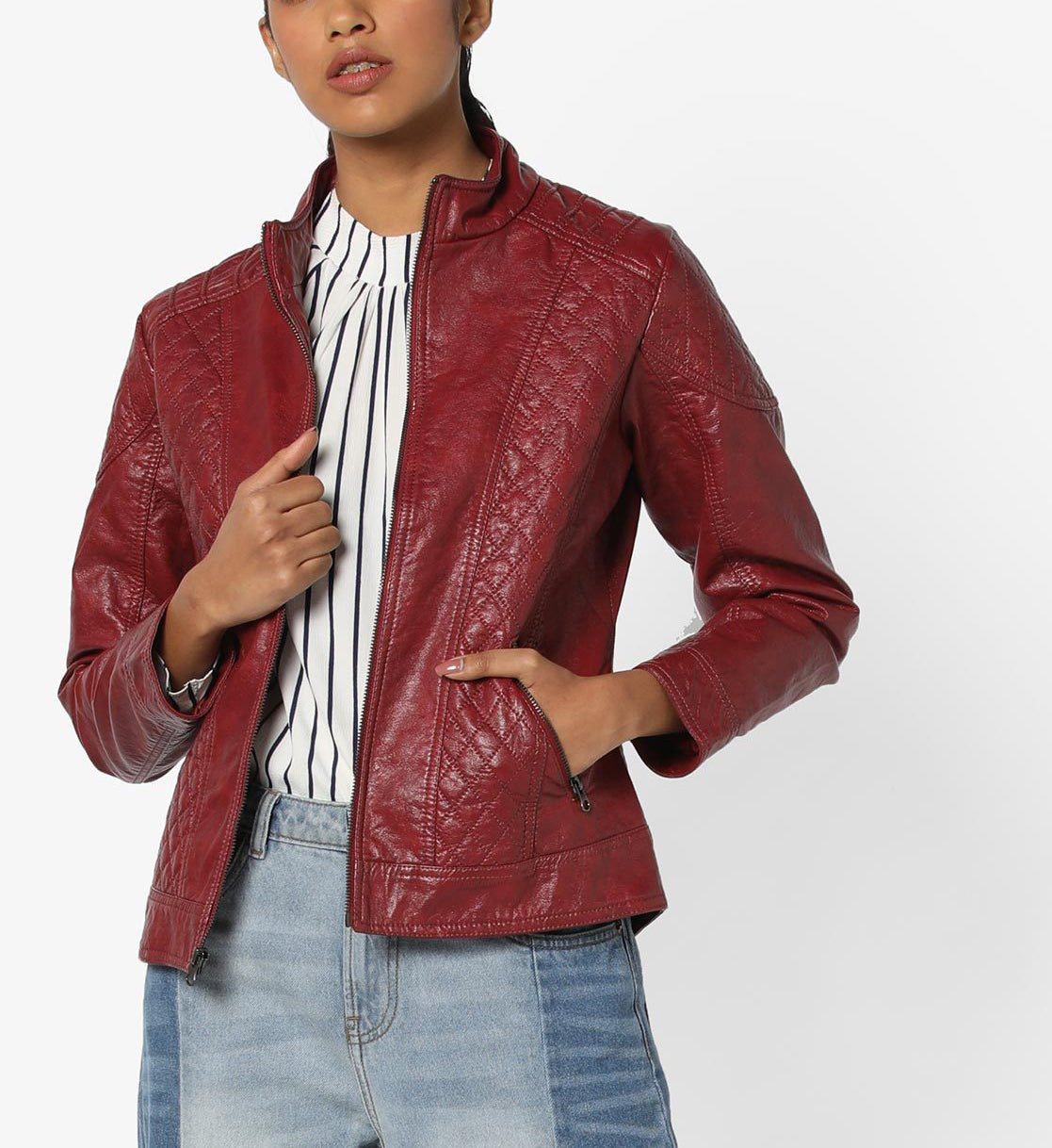 Women Real Lambskin Leather Biker Jacket KW554 featuring high-quality leather, satin lining, and stylish design.