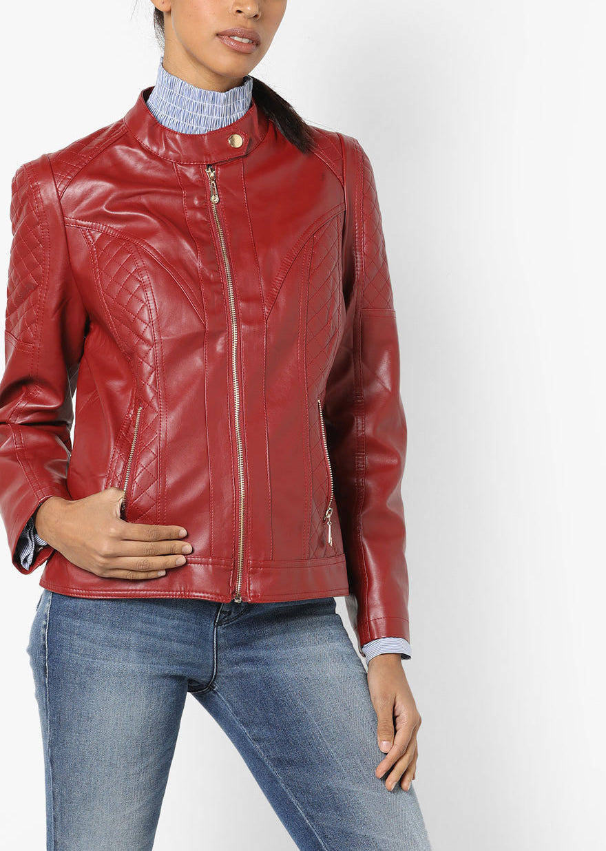 Women Real Lambskin Leather Biker Jacket KW562 featuring high-quality leather, satin lining, and stylish design with multiple pockets.