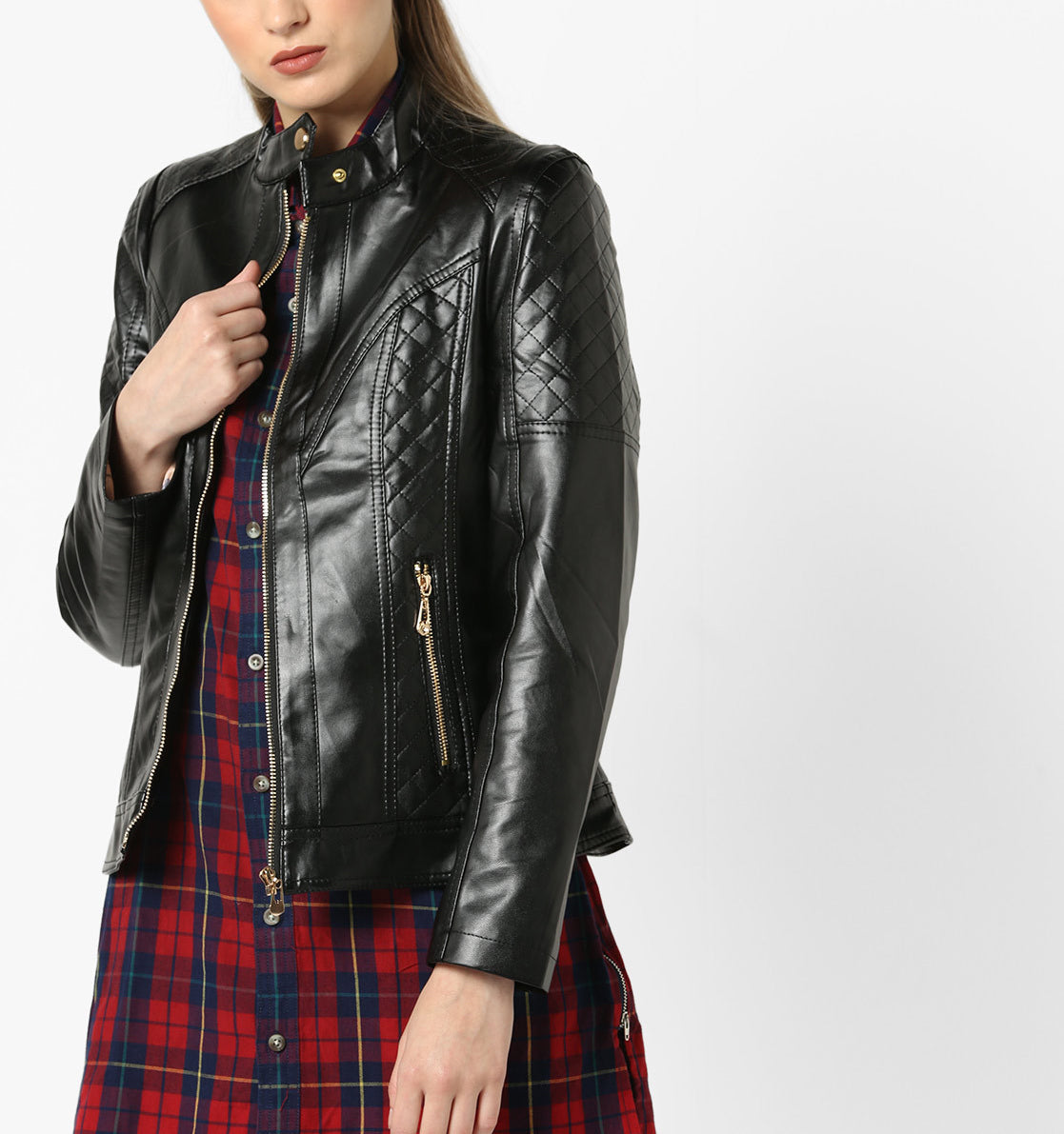 Women Real Lambskin Leather Biker Jacket KW573 featuring high-quality leather, satin lining, and stylish design with pockets.