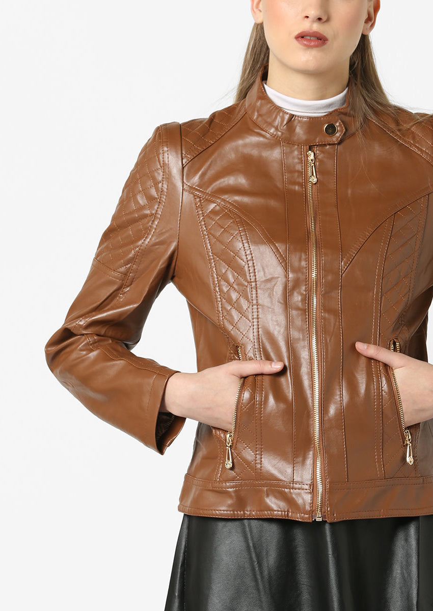 Women Real Lambskin Leather Biker Jacket KW576 featuring high-quality leather, satin lining, and stylish design with multiple pockets.