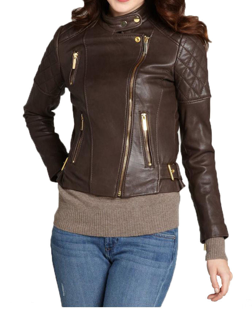 Women Real Lambskin Leather Jacket KW013 featuring high-quality leather, satin lining, and stylish motorcycle design.