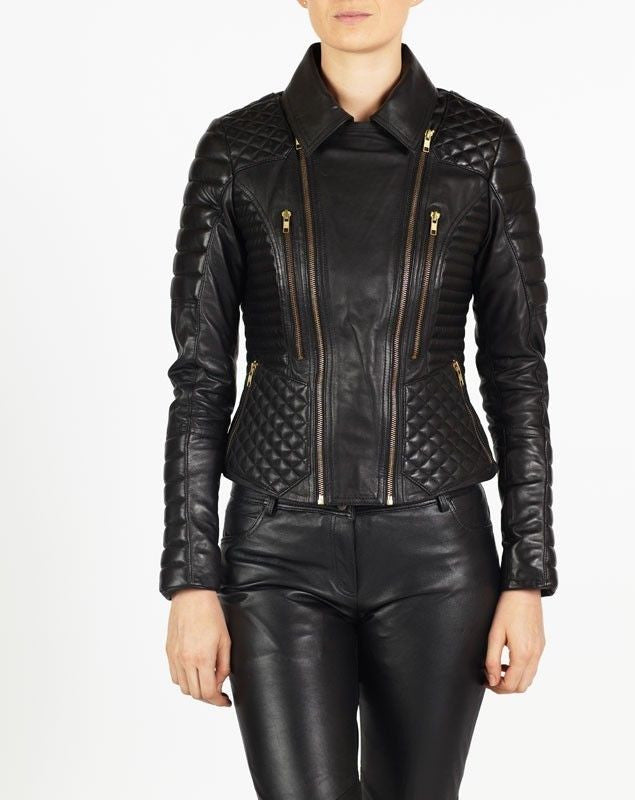 Women Real Lambskin Leather Jacket KW016 featuring high-quality leather, satin lining, and stylish motorcycle design.