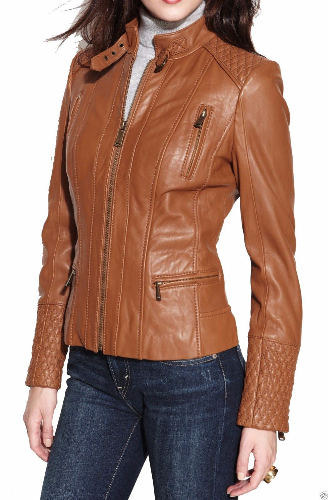 Women Real Lambskin Leather Jacket KW004 featuring high-quality leather, satin lining, and stylish motorcycle design.