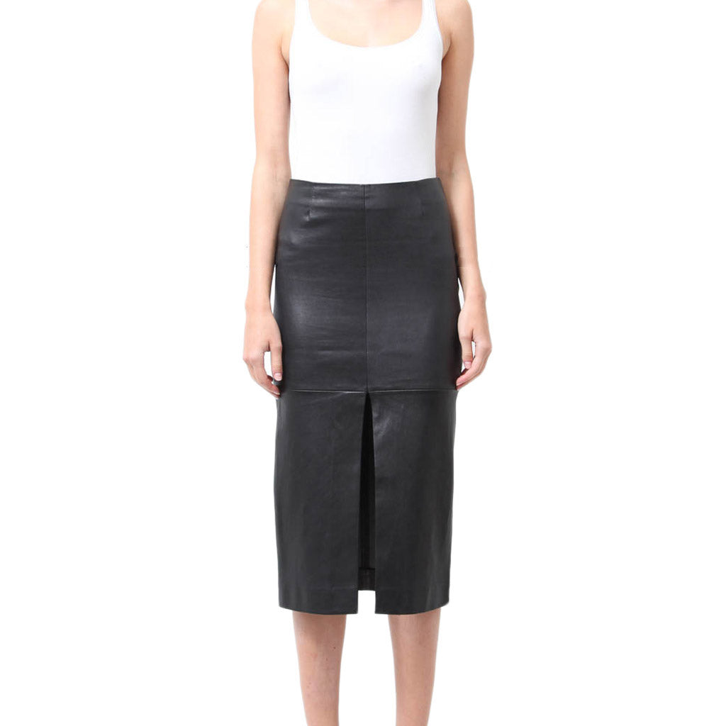 Women Real Lambskin Leather Knee Length Skirt WS144 displayed with satin lining and pockets, showcasing its elegant design and quality craftsmanship.