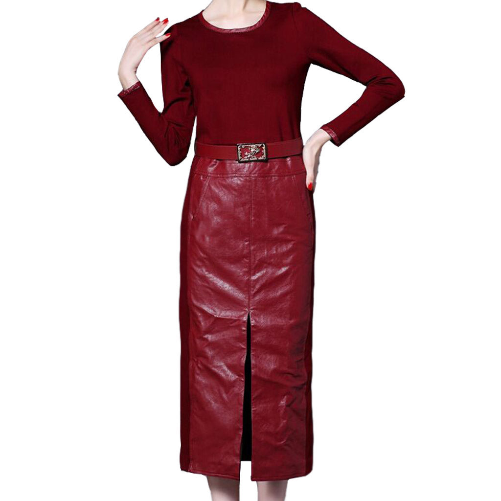 Women Real Lambskin Leather Knee Length Skirt WS155 displayed with pockets and satin lining, showcasing its elegant design and high-quality material.