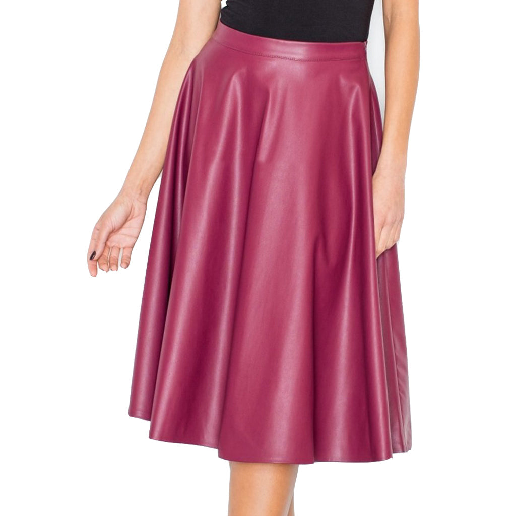 Women Real Lambskin Leather Knee Length Skirt with satin lining and stylish pockets, showcasing high-quality craftsmanship.