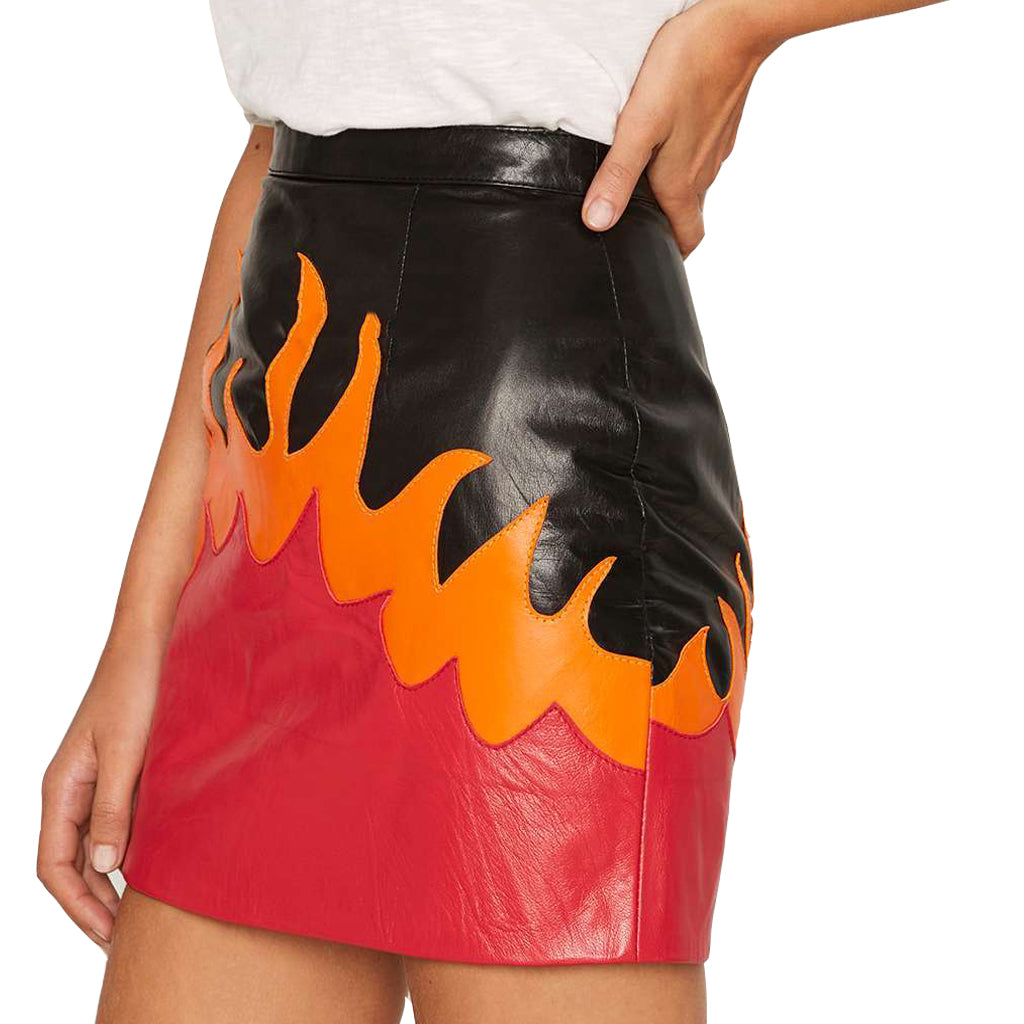 Women Real Lambskin Leather Mini Skirt WS137 displayed with pockets and satin lining, showcasing its luxurious design and quality.