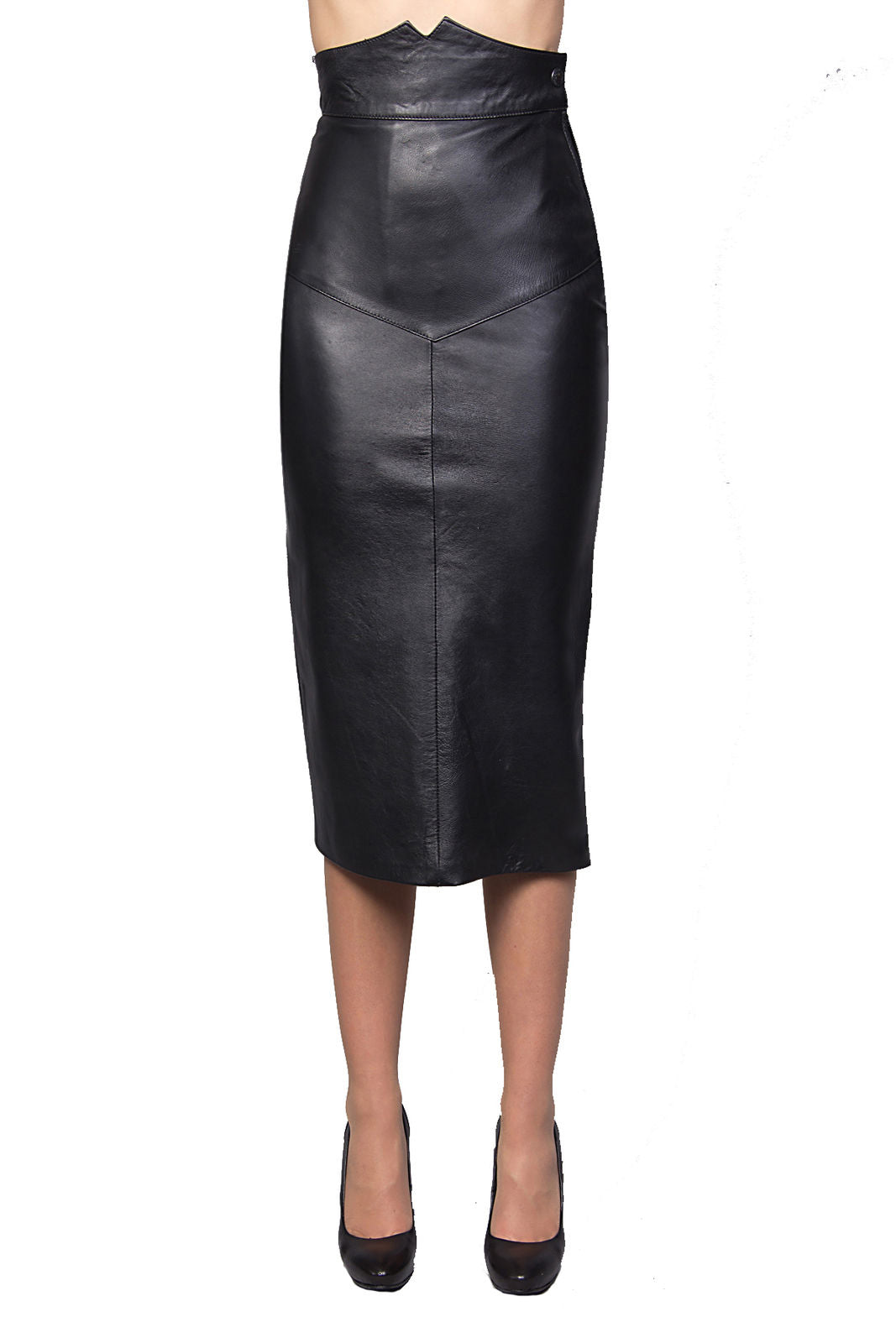 Women Real Lambskin Leather Slim Fit Skirt displayed with satin lining and pockets, showcasing its elegant design.