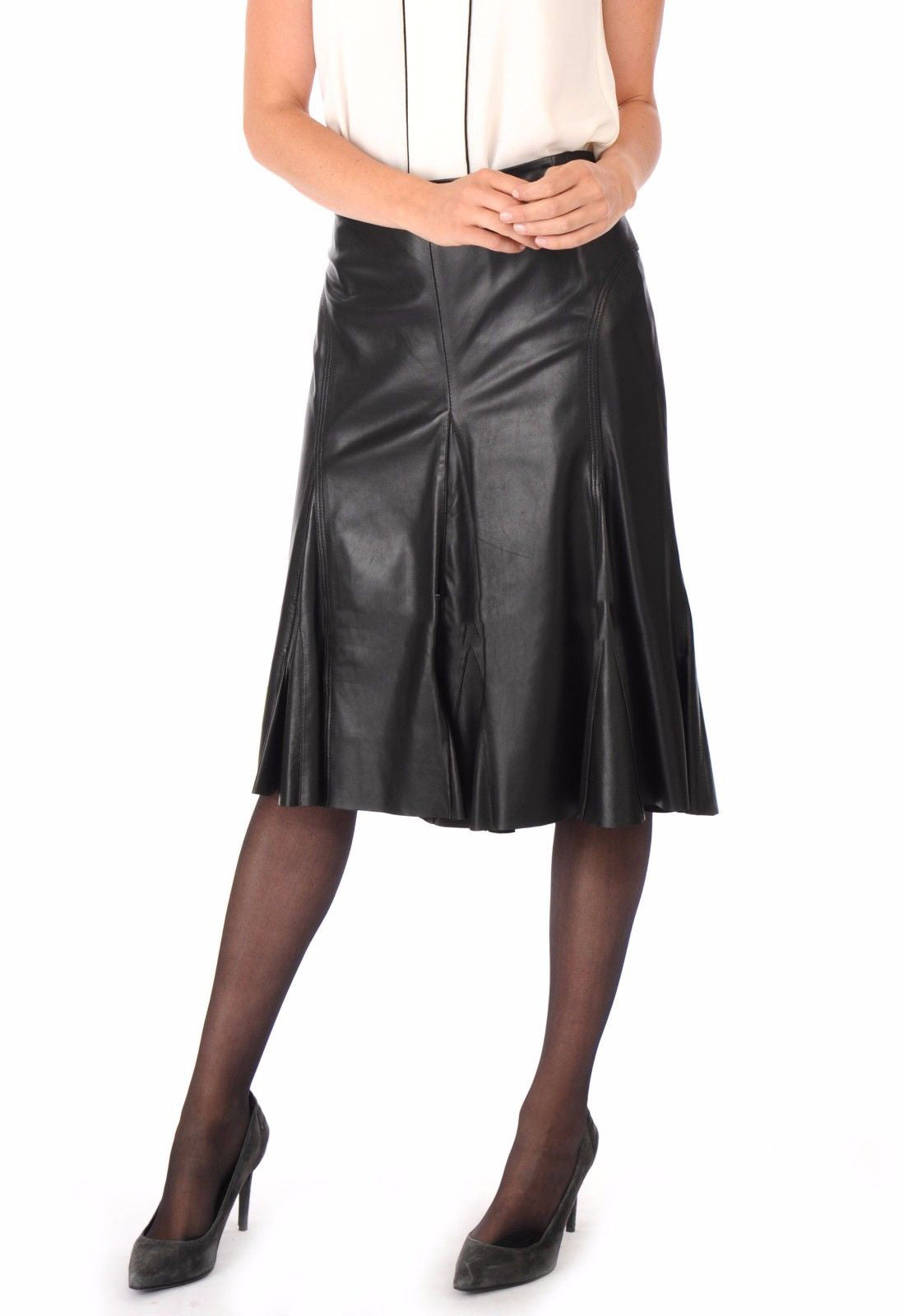 Women Real Lambskin Leather Slim Fit Skirt in knee-length pencil style with satin lining and functional pockets.