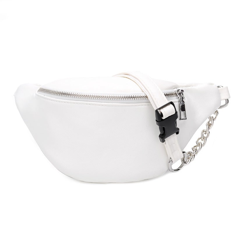 Women's PU leather shoulder messenger bag with chain handle in white and black colors, featuring a dumpling shape and zipper pocket.
