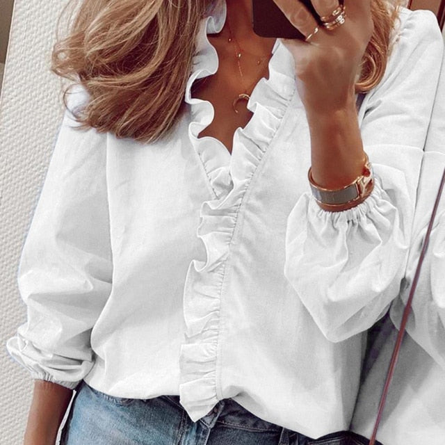 A stylish Women's Ruffle Blouse featuring elegant ruffles, V-neck collar, and full-length sleeves, made from high-quality polyester.