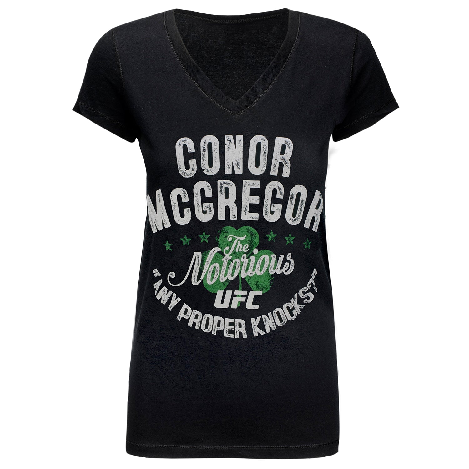 Women's black V-neck t-shirt featuring Conor McGregor's Proper Knocks design, perfect for UFC fans.