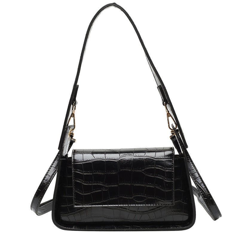 Young Lady's Solid Color All-Match Daily Messenger Bag featuring a crocodile pattern, adjustable shoulder strap, and urban simplicity design.