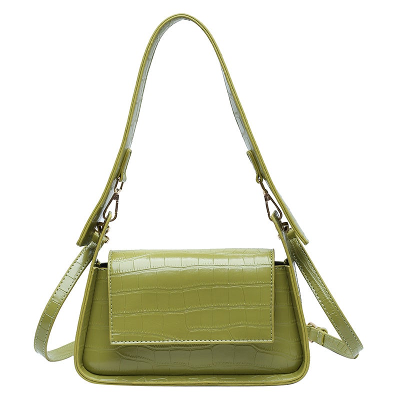 Young Lady's Solid Color All-Match Daily Messenger Bag featuring a crocodile pattern, adjustable shoulder strap, and urban simplicity design.