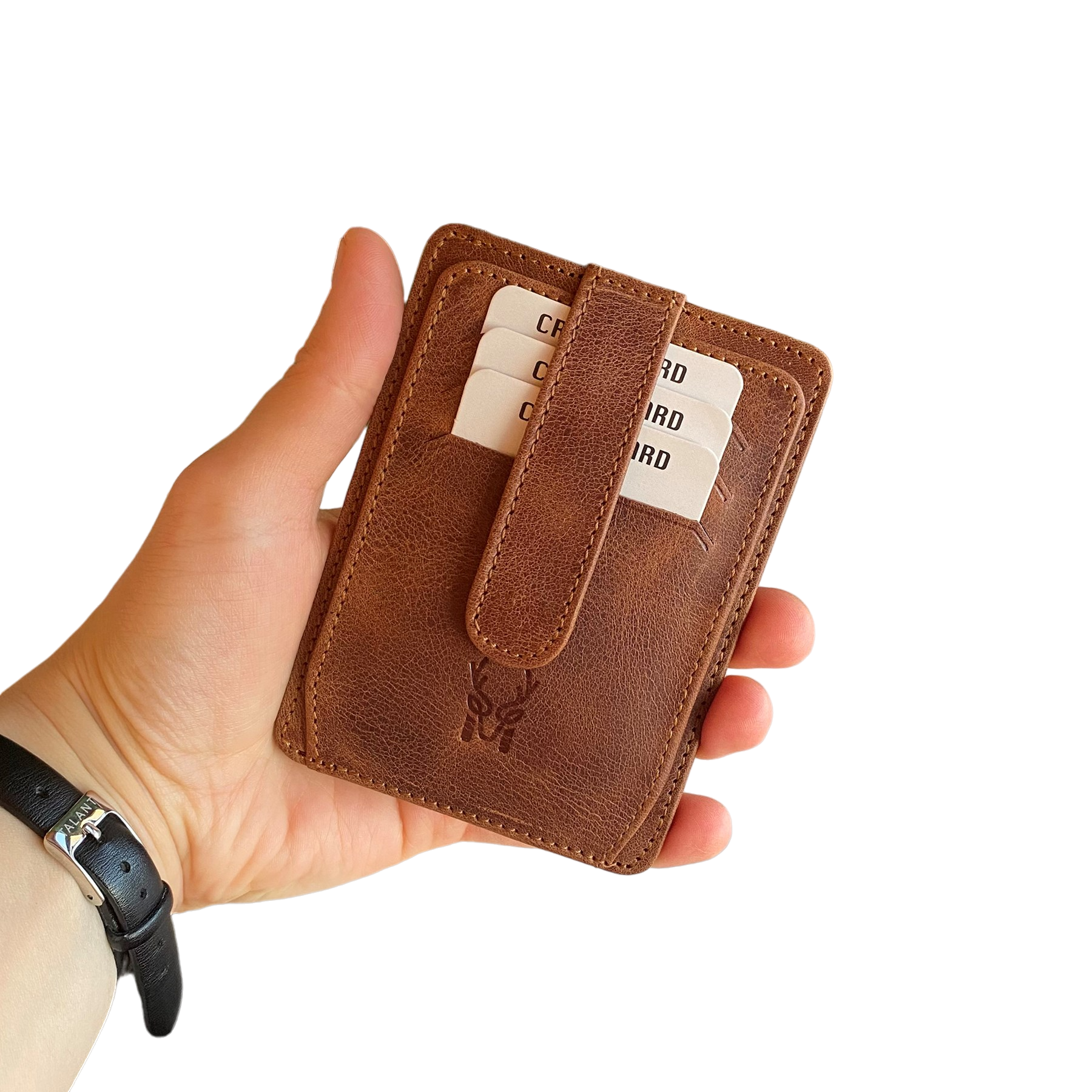 Zona Genuine Leather Card Holder showcasing its sleek design, ID window, and multiple card slots.