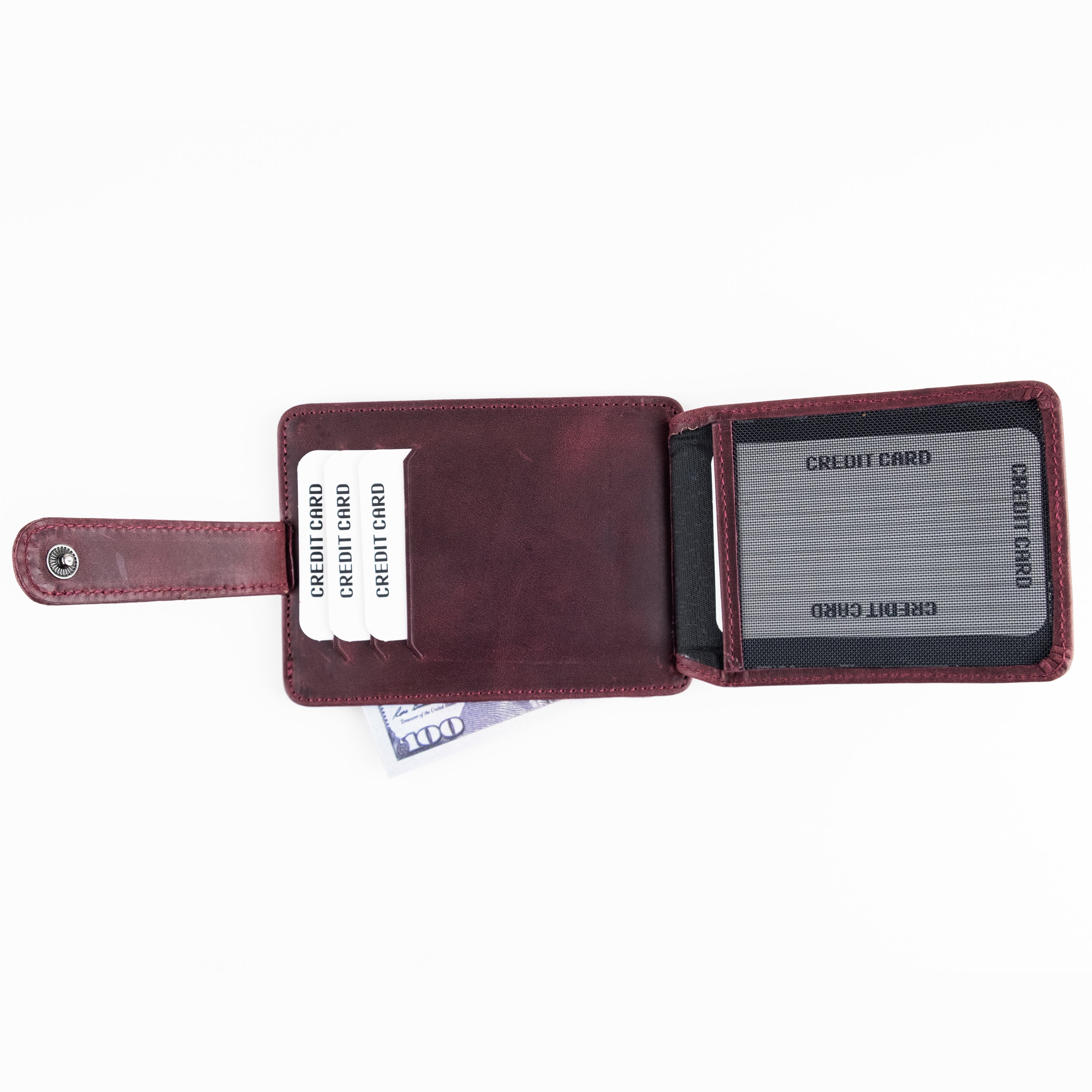 Zona Genuine Leather Card Holder showcasing its sleek design, ID window, and multiple card slots.