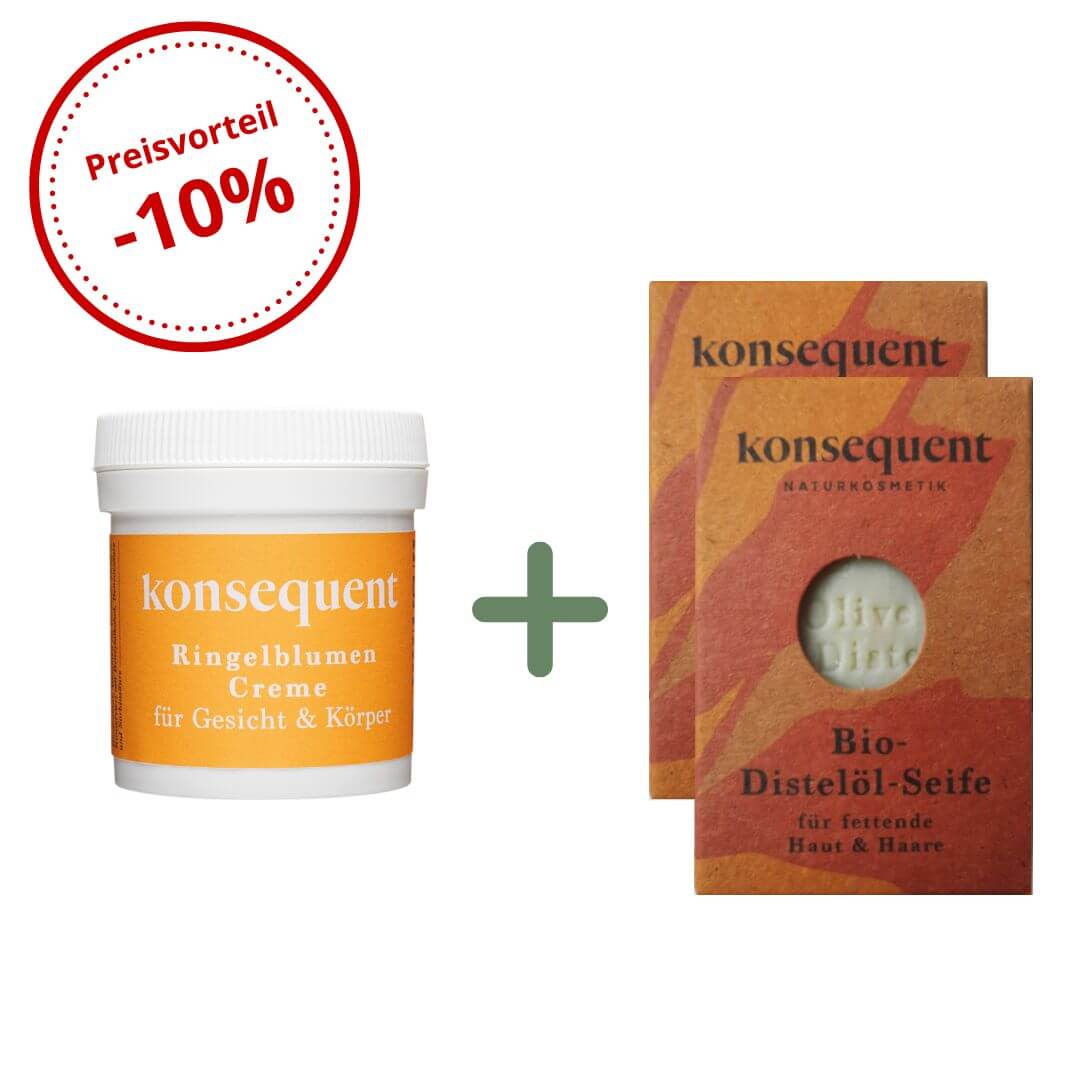 1-2-Fertig! Pflegeserie mit Ringelblumencreme und zwei Bio-Seifen, ideal für natürliche Hautpflege.