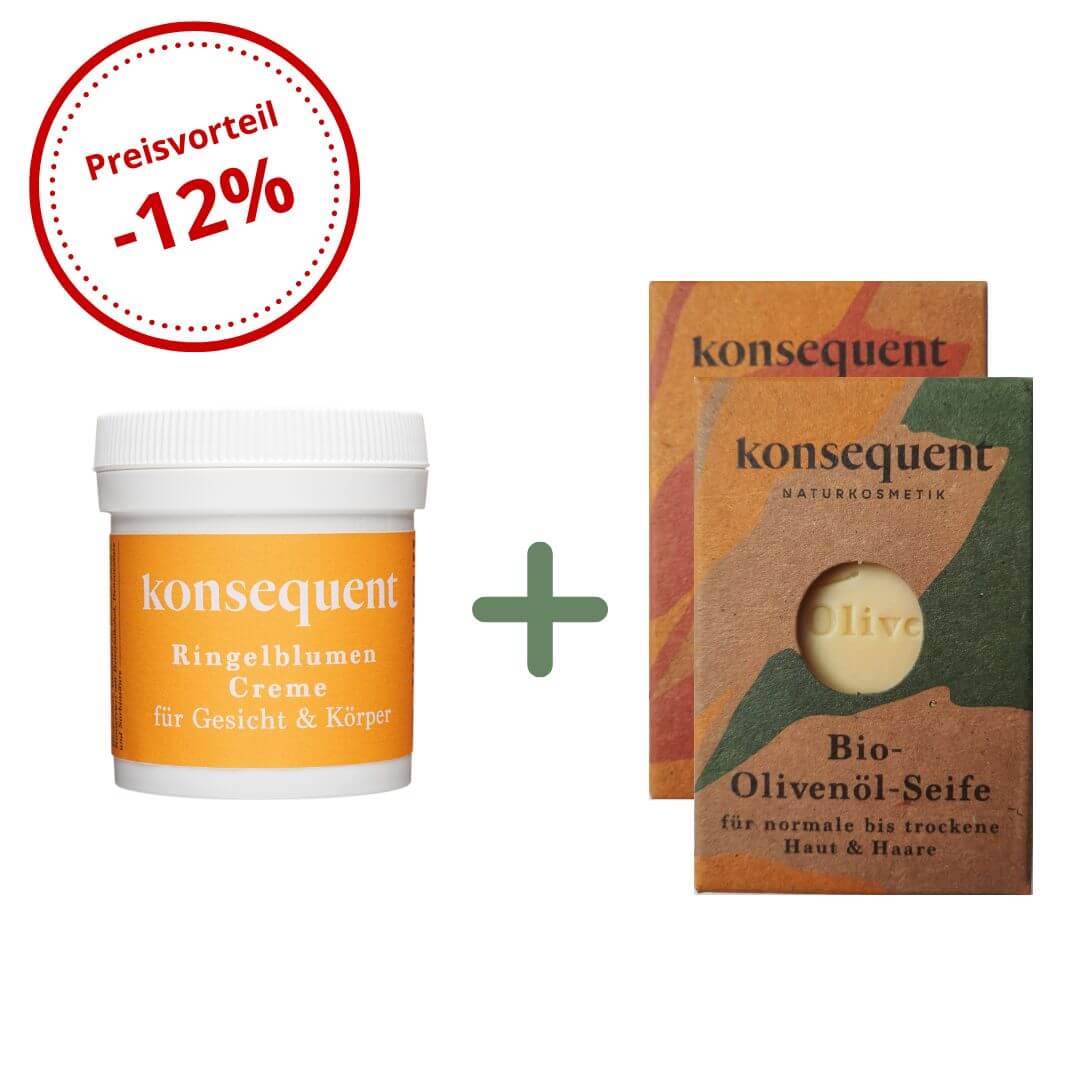 1-2-Fertig! Pflegeserie mit Ringelblumencreme und zwei Bio-Seifen, ideal für natürliche Hautpflege.