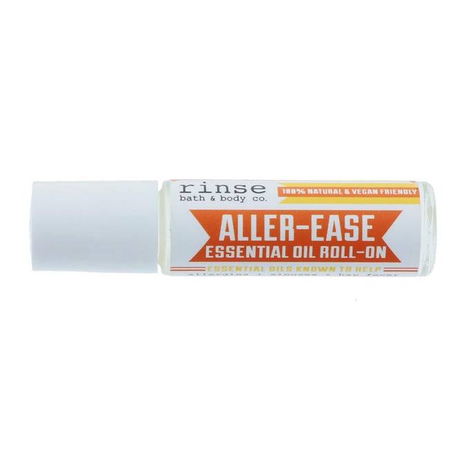 Aller-Ease Essential Oil Roll-On featuring a blend of Lavender, Lemon, and Peppermint essential oils in a sleek roll-on bottle.