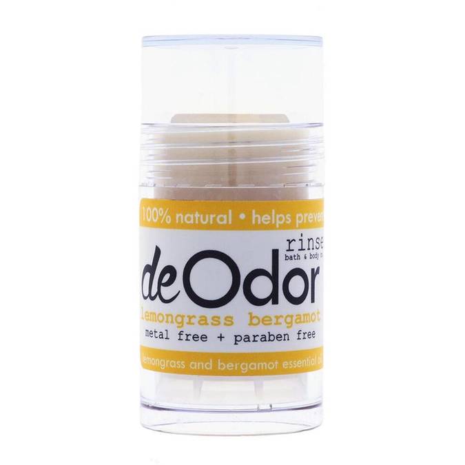 Bergamot Lemongrass DeOdorant in a push-up tube, showcasing its natural ingredients and lemon drop scent.