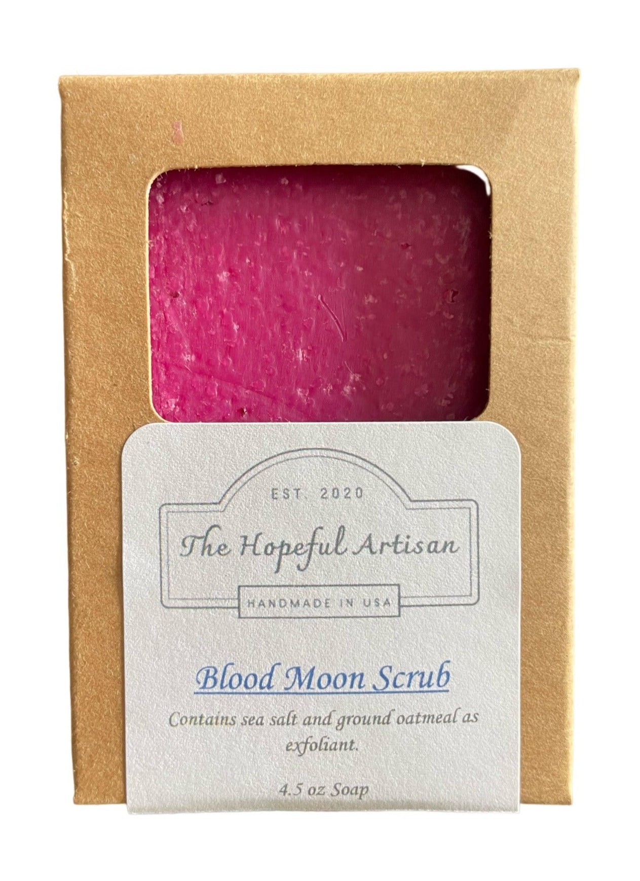 Blood Moon Scrub in a jar with citrus and sage aroma, featuring sea salt and oatmeal for exfoliation.