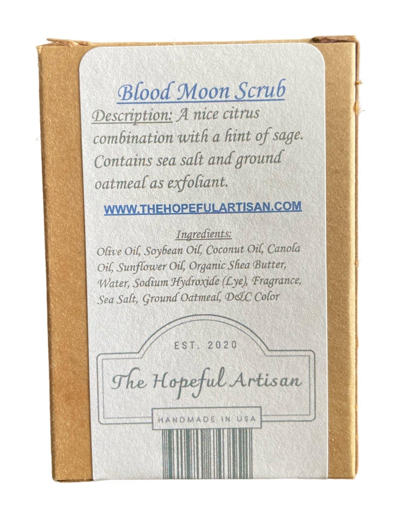 Blood Moon Scrub in a jar with citrus and sage aroma, featuring sea salt and oatmeal for exfoliation.