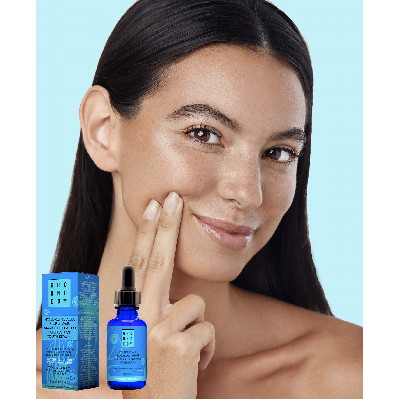 Blue Algae & Collagen Fountain of Youth HA Facial Serum bottle with a vibrant blue hue, showcasing its hydrating and rejuvenating properties.