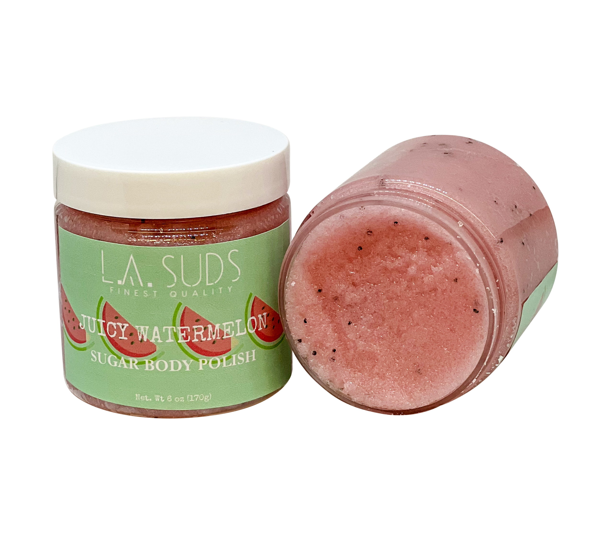 A jar of Body Sugar Scrub Polish with a juicy watermelon scent, showcasing its natural ingredients and vibrant packaging.