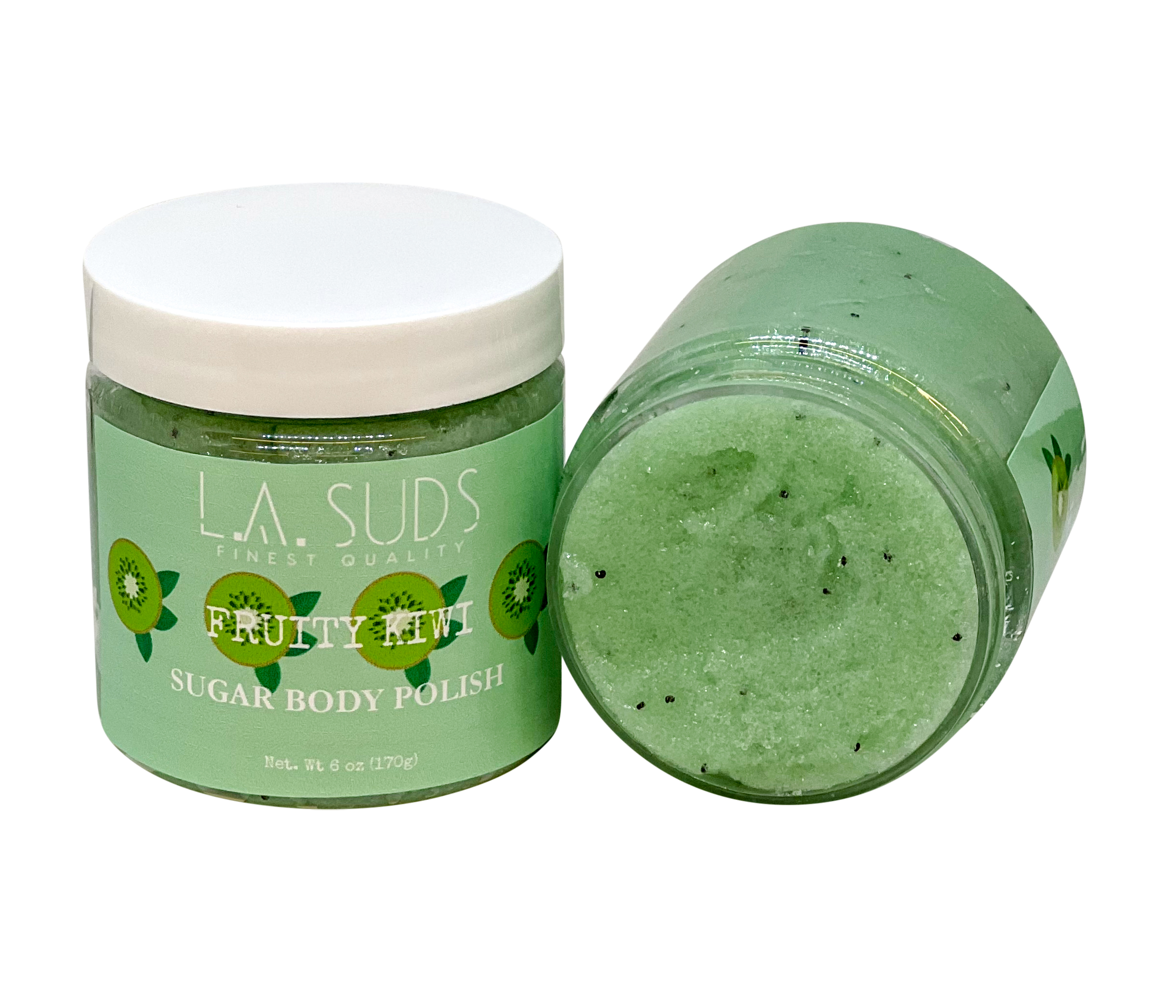A jar of fruity kiwi scented body sugar scrub with a vibrant green color, showcasing its natural ingredients and texture.
