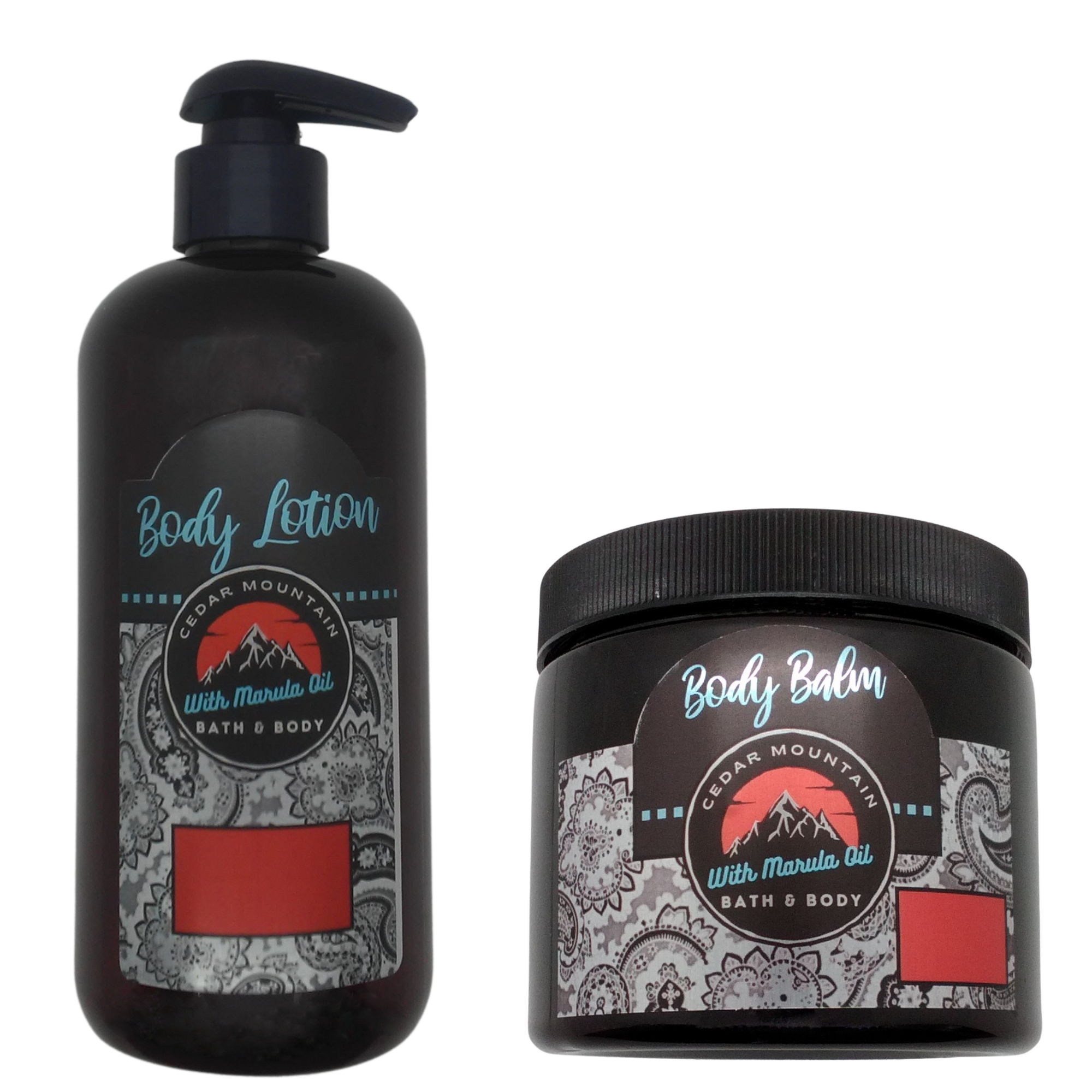 Cedar Mountain Diptyque Scented Marula Oil Body Lotion and Body Balm set, featuring a 12 oz lotion bottle and a 16 oz balm jar with elegant packaging.