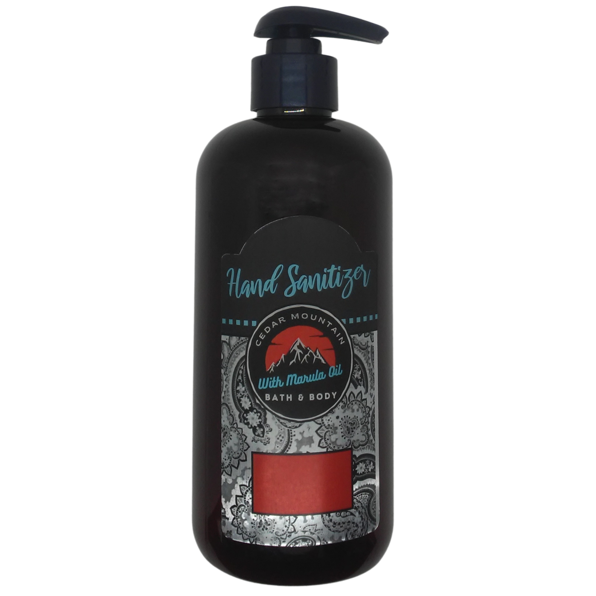 Cedar Mountain Iris Musk Scented Hand Sanitizer Gel in a 12 Oz bottle, featuring a floral design and a pump dispenser.