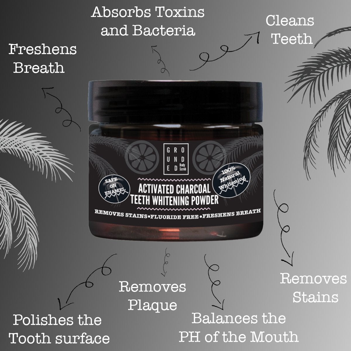 A jar of Charcoal Teeth Whitening Powder with a black powder texture, showcasing its natural ingredients and eco-friendly packaging.