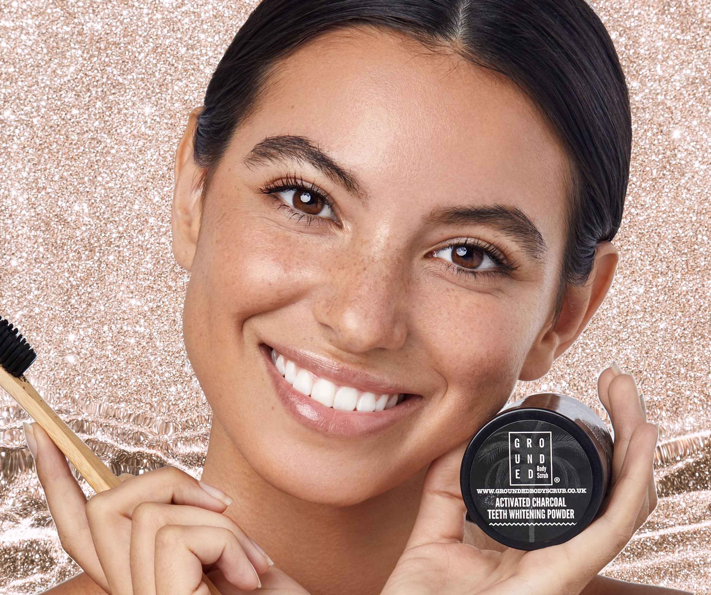 A jar of Charcoal Teeth Whitening Powder with a black powder texture, showcasing its natural ingredients and eco-friendly packaging.