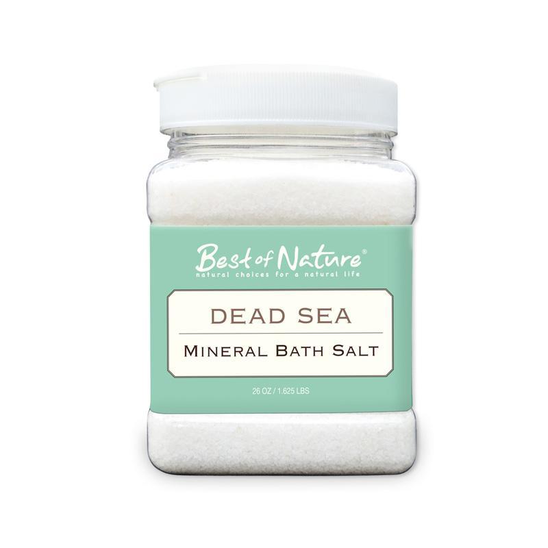 A shaker-top container of Best of Nature Premium Dead Sea Mineral Bath Salt, showcasing its natural texture and purity.