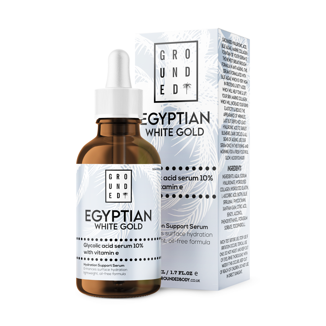 Egyptian White Gold Glycolic Acid Serum 10% with Vitamin E in a sleek bottle, showcasing its luxurious design and anti-aging properties.