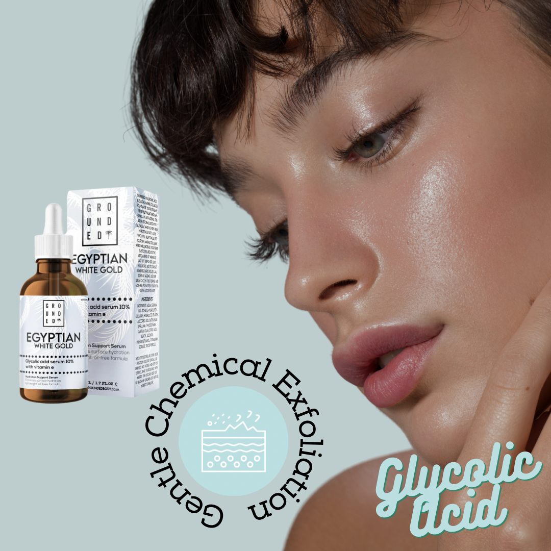 Egyptian White Gold Glycolic Acid Serum 10% with Vitamin E in a sleek bottle, showcasing its luxurious design and anti-aging properties.