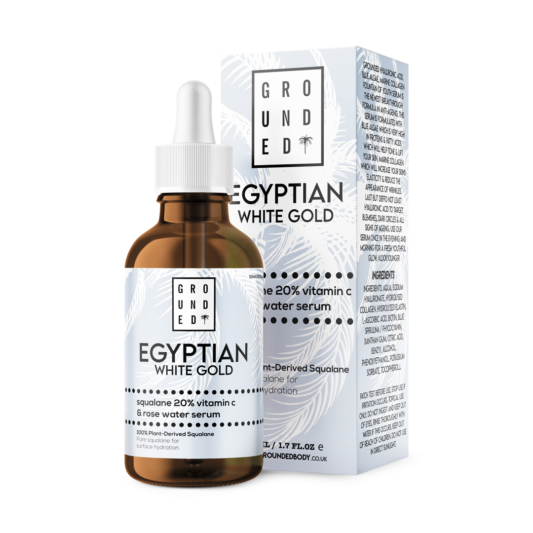 Egyptian White Gold Serum bottle with Squalane, Vitamin E, and Rose Water, showcasing its luxurious packaging and natural ingredients.