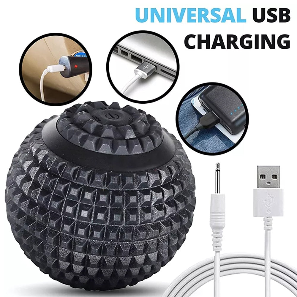 Electric Vibrating Massage Ball designed for foot pain relief and muscle recovery, featuring a sleek waterproof design and USB charging capability.