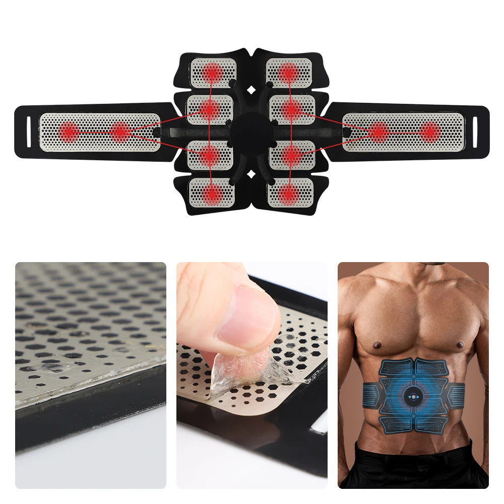 Electric Muscle Stimulator Abdominal Massager with adjustable settings and USB charging cable, designed for effective muscle training and fat burning.