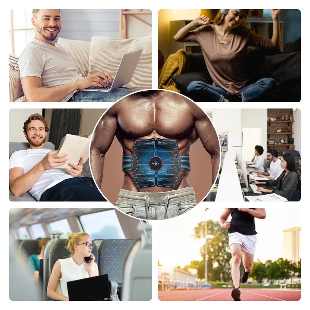 Electric Muscle Stimulator Abdominal Massager with adjustable settings and USB charging cable, designed for effective muscle training and fat burning.
