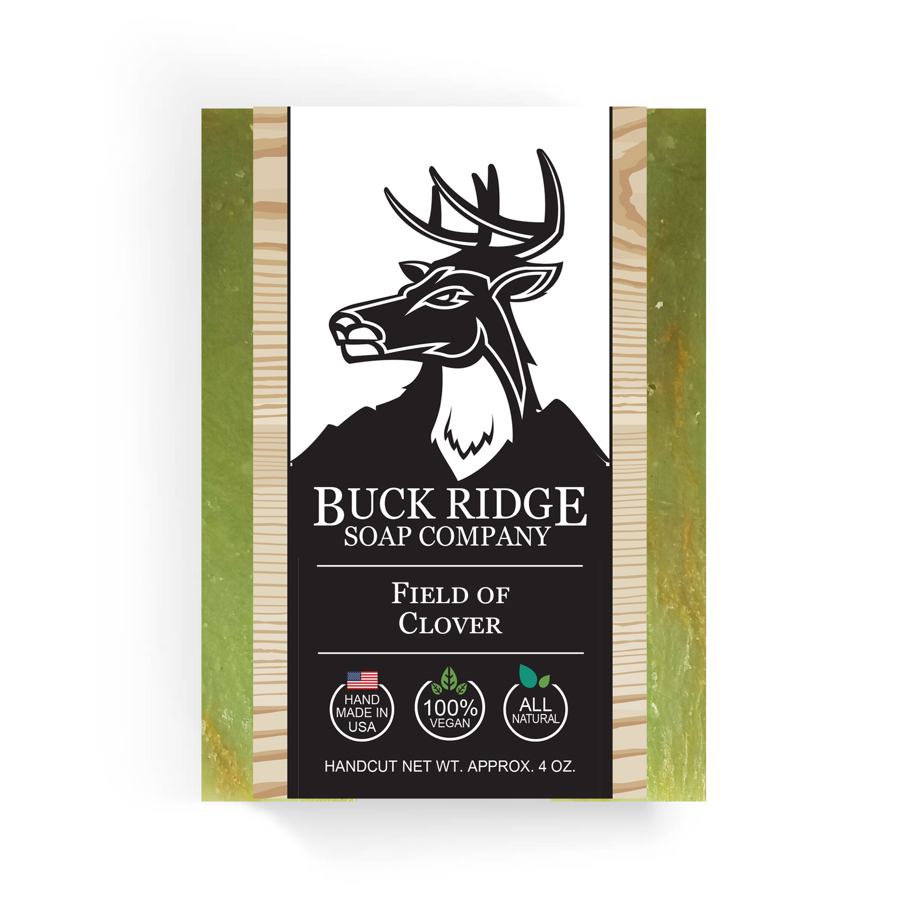 Field of Clover Handmade Soap with a marbled gold mica appearance, showcasing its natural ingredients and fresh scent.